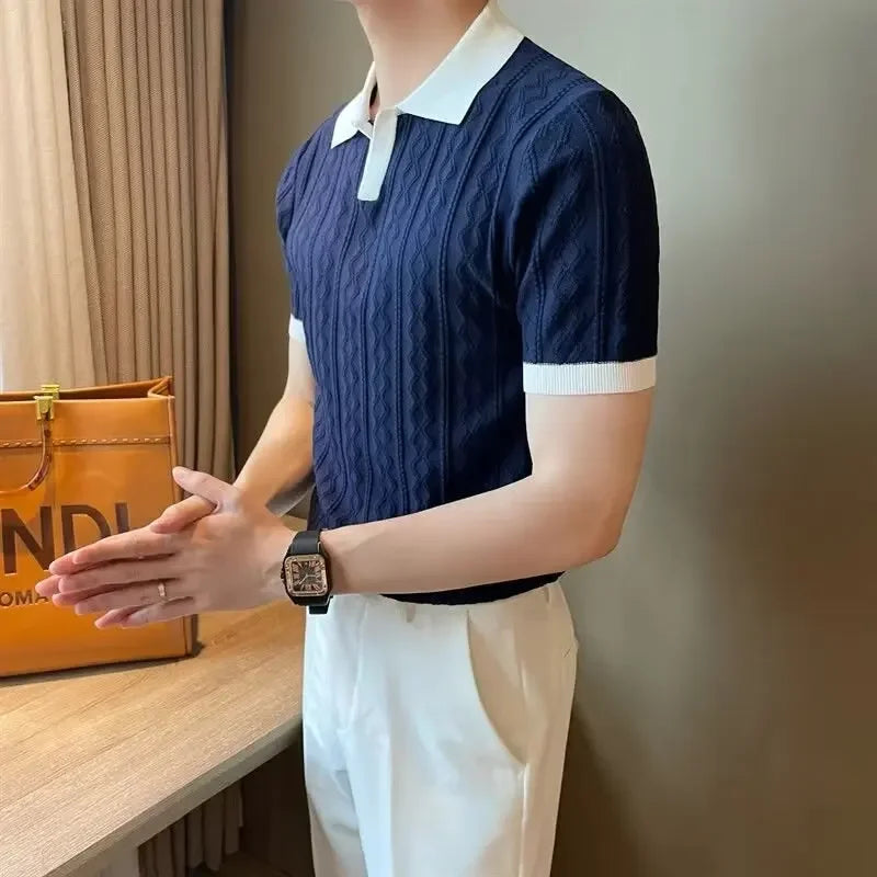 Men's Knit Short Sleeve Polo Shirt Casual Soft Supple High-end Feel Round Neck Loose-fit Top Japanese Style Solid Color