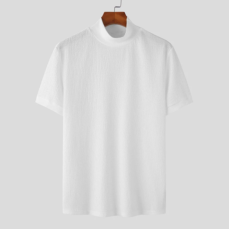 New Fashion Tight T-shirt Casual Streetwear Textured High-neck Solid Color Short-sleeved Bottoming Tees Korean Style Tops