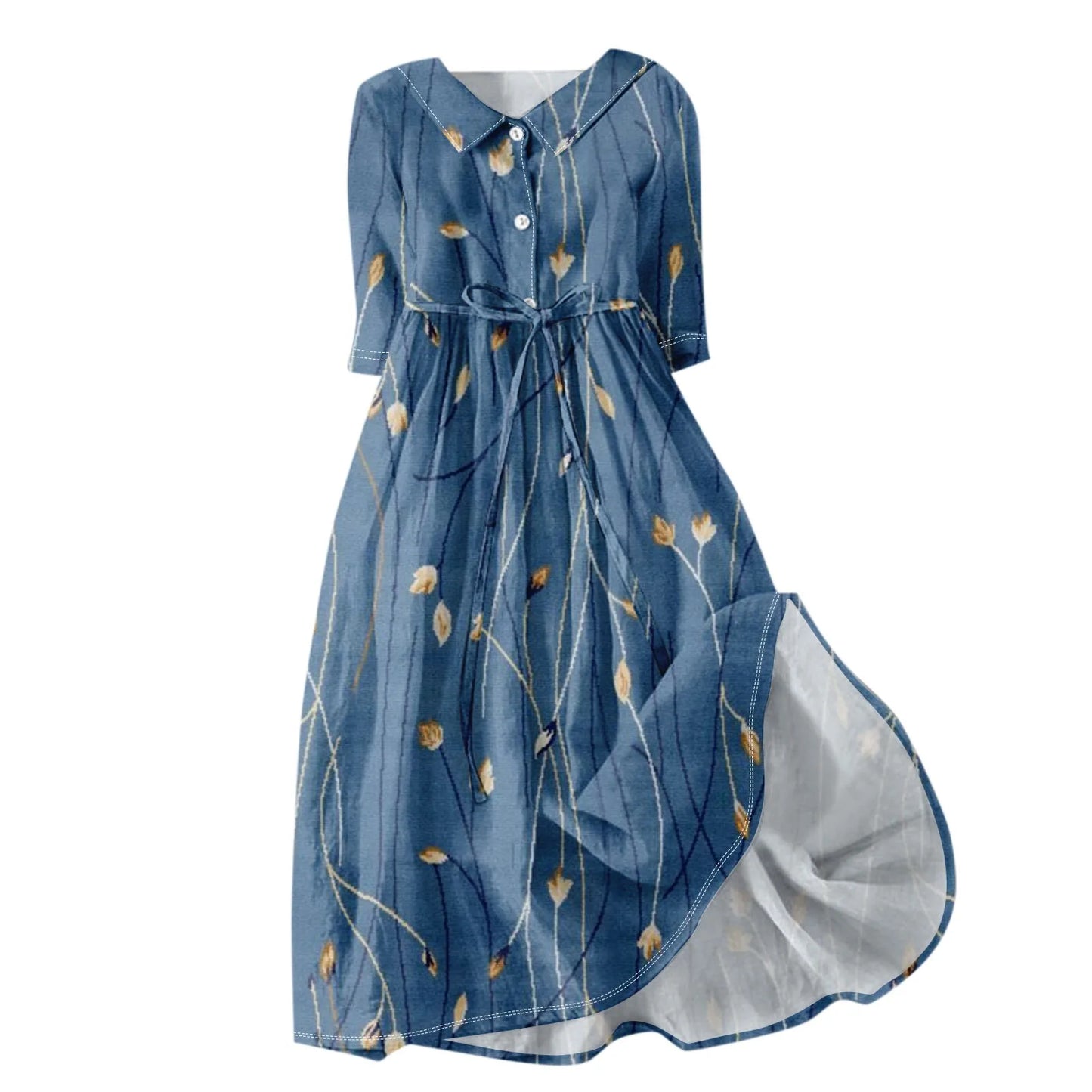 Women'S Fashion Vintage Floral Print Lapel Button Three Quarter Sleeves Strappy Dress Vestidos Verano Moda 2025 Summer Dress