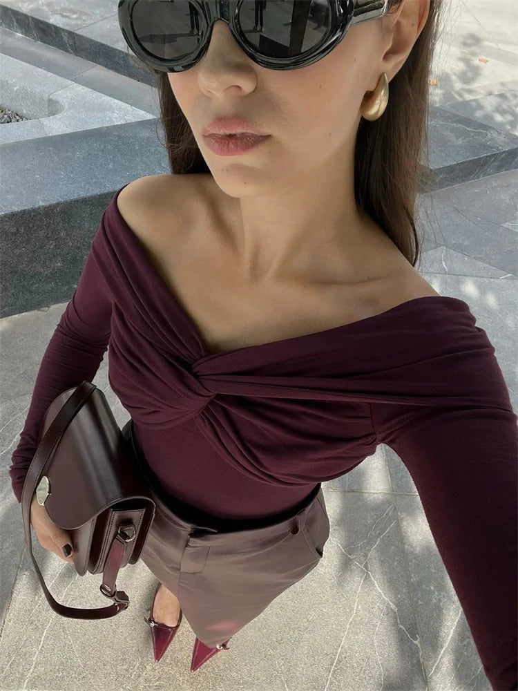 Sexy T-shirt Top Women's Pleated Long Sleeve Inner V-Neck White Slim Twist Cropped Pullover Female Tee