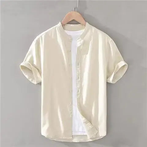 Men's Linen Shirt Short Sleeve Stand Collar Loose-fit Summer Thin Casual White Shirt Fresh Style Men's Casual Short Sleeve