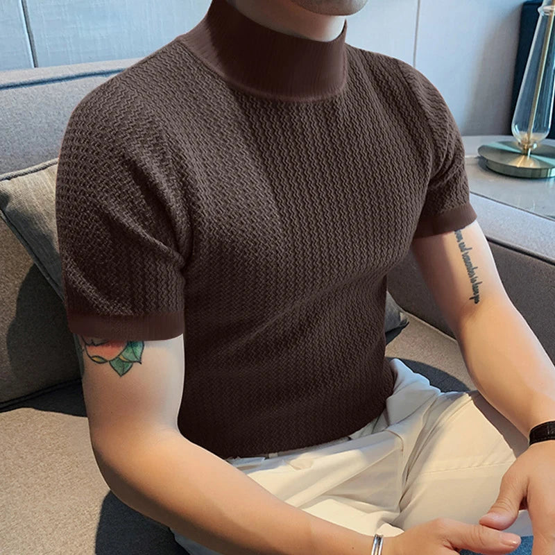 New Fashion Tight T-shirt Casual Streetwear Textured High-neck Solid Color Short-sleeved Bottoming Tees Korean Style Tops