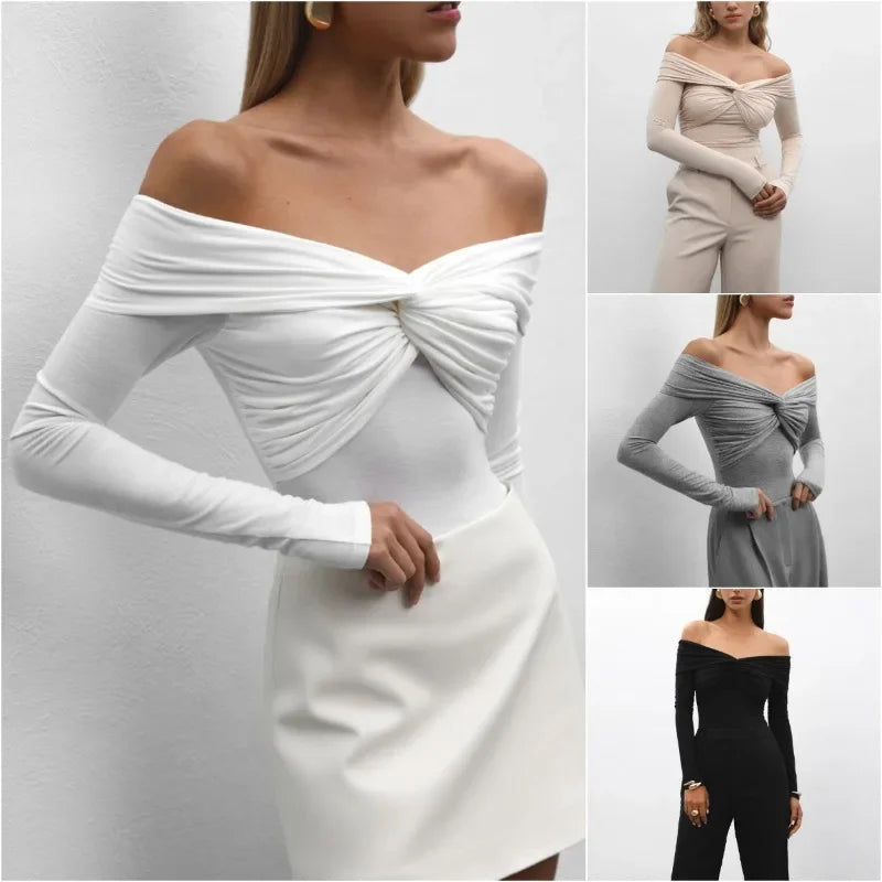 Sexy T-shirt Top Women's Pleated Long Sleeve Inner V-Neck White Slim Twist Cropped Pullover Female Tee