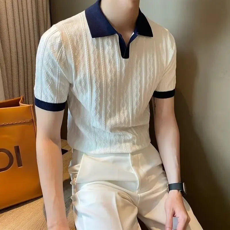 Men's Knit Short Sleeve Polo Shirt Casual Soft Supple High-end Feel Round Neck Loose-fit Top Japanese Style Solid Color