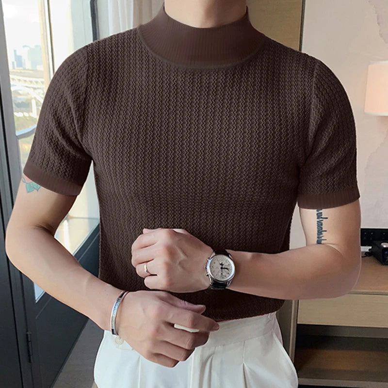 New Fashion Tight T-shirt Casual Streetwear Textured High-neck Solid Color Short-sleeved Bottoming Tees Korean Style Tops