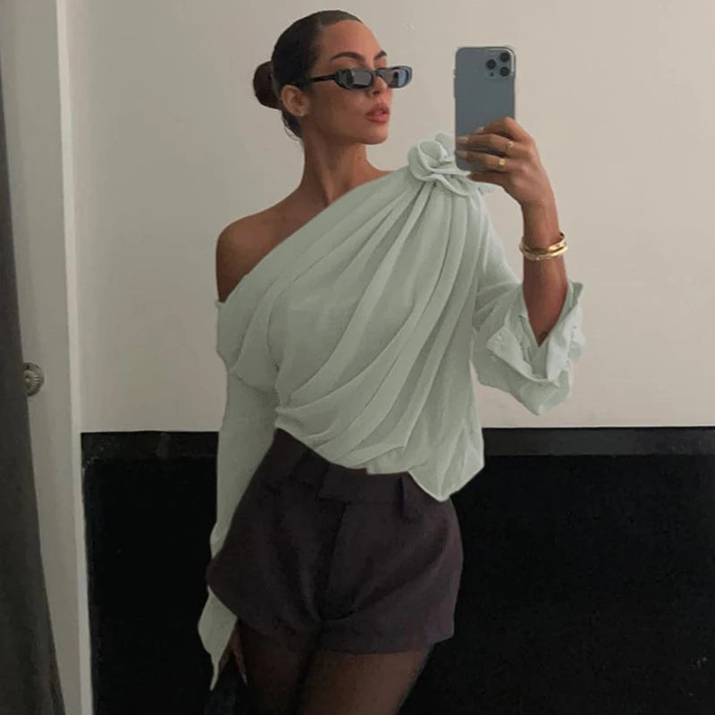 Sexy Irregular Oblique-neck Flower Applique T Shirt Summer Off Shoulder Fashion Long Sleeve Crop Tops Street Mesh Tees