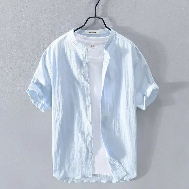 Men's Linen Shirt Short Sleeve Stand Collar Loose-fit Summer Thin Casual White Shirt Fresh Style Men's Casual Short Sleeve