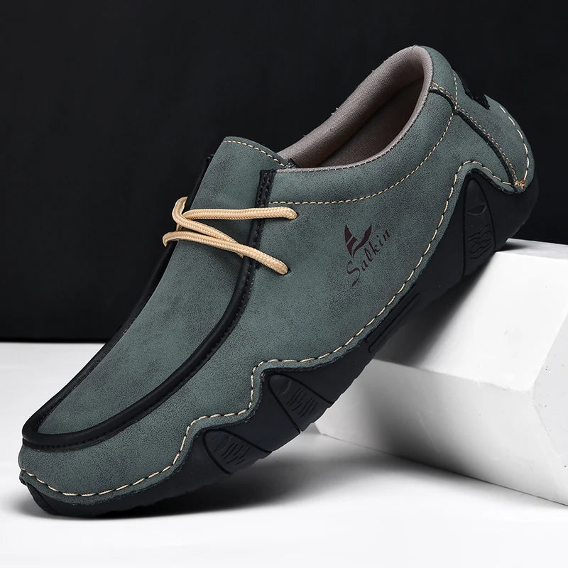 Handmade Leather Casual Men Shoes Design Sneakers Man Loafers Breathable Low Top Flat Shoes Driving Plus Size