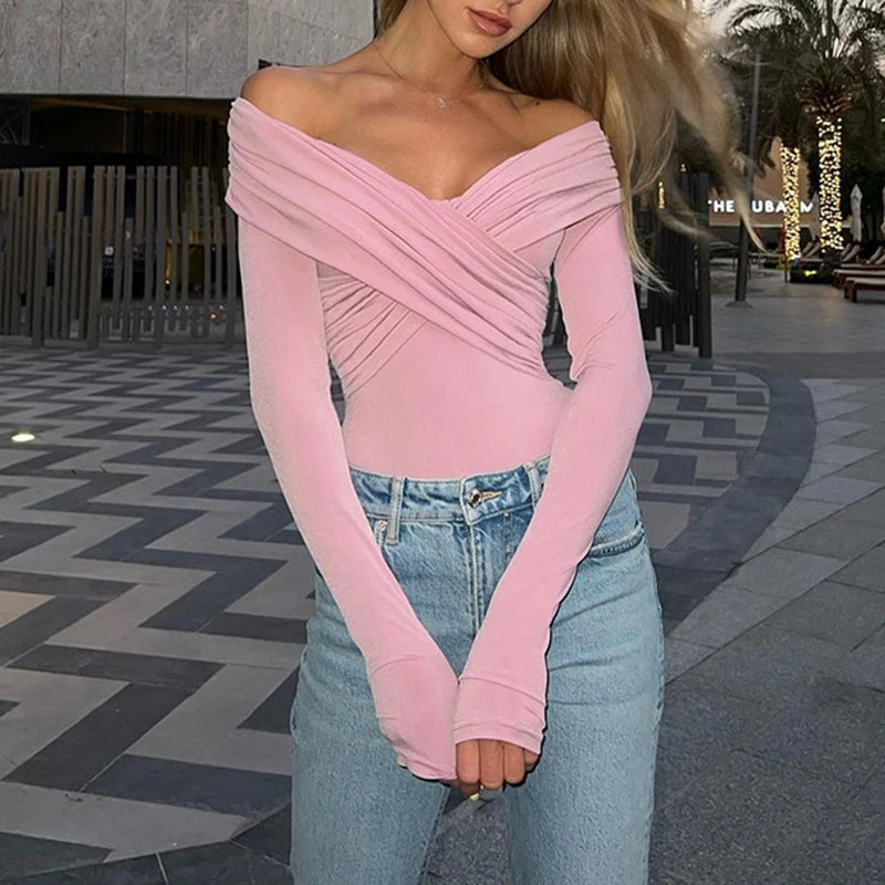 new 2025 sexy and fashionable V-neck off shoulder patchwork long sleeved slim fit versatile casual jumpsuit for woman