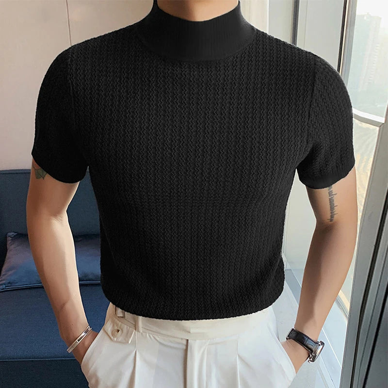 New Fashion Tight T-shirt Casual Streetwear Textured High-neck Solid Color Short-sleeved Bottoming Tees Korean Style Tops