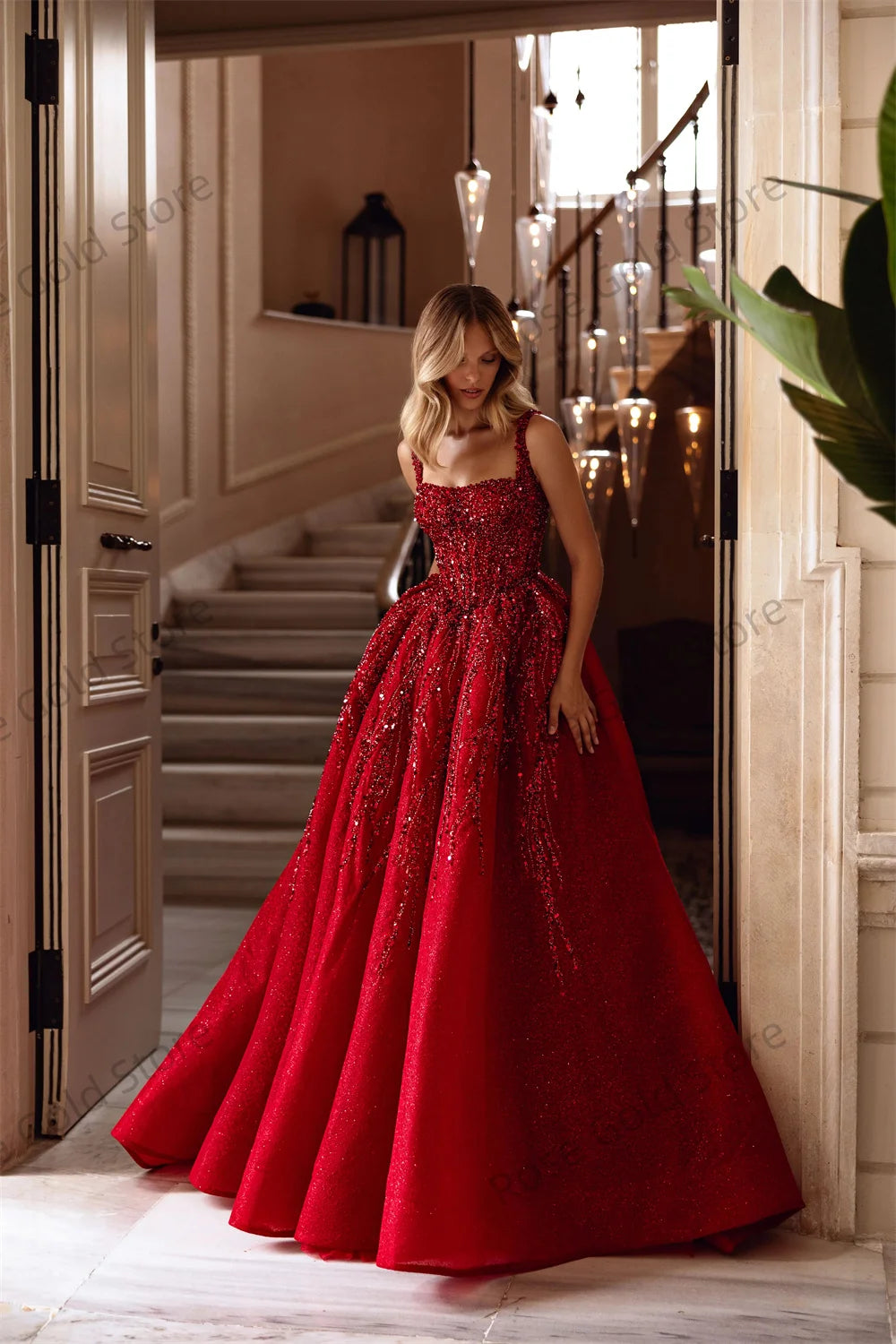 New Red Prom Dresses for Women A Line Square Collar Sequin Vestidos de Fiesta Backless Beading Formal Prom Gowns Customized