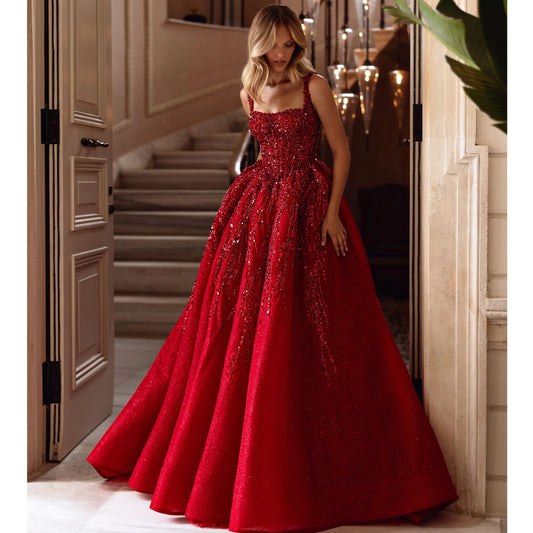 New Red Prom Dresses for Women A Line Square Collar Sequin Vestidos de Fiesta Backless Beading Formal Prom Gowns Customized