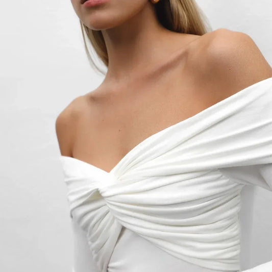 Sexy T-shirt Top Women's Pleated Long Sleeve Inner V-Neck White Slim Twist Cropped Pullover Female Tee