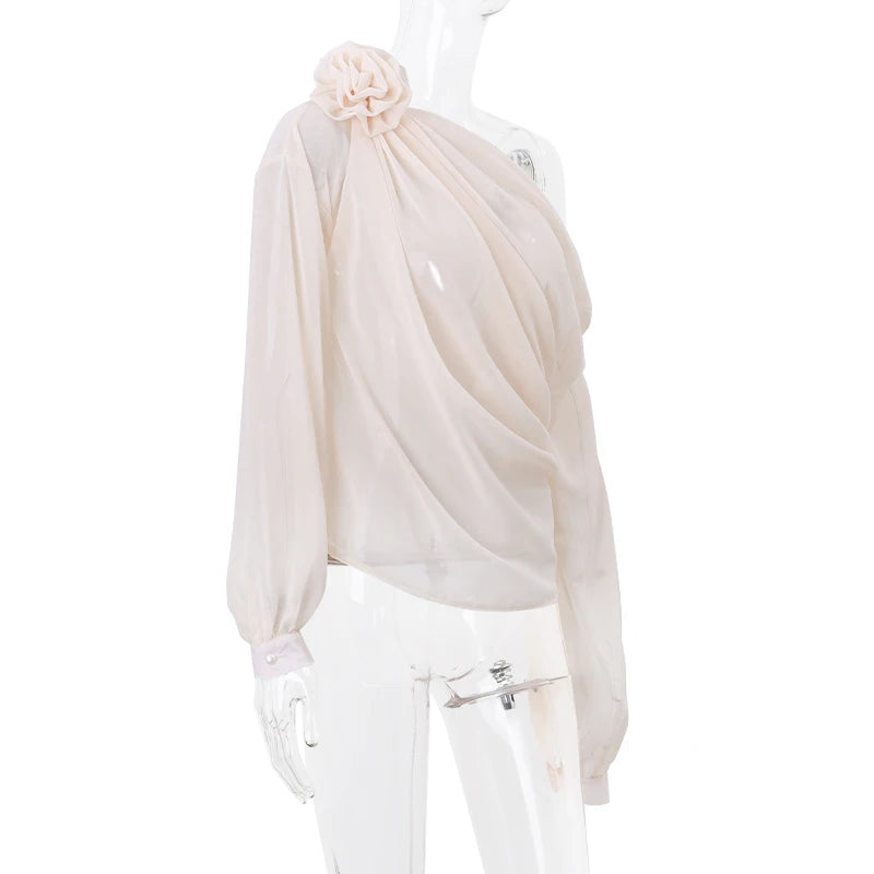 Sexy Irregular Oblique-neck Flower Applique T Shirt Summer Off Shoulder Fashion Long Sleeve Crop Tops Street Mesh Tees