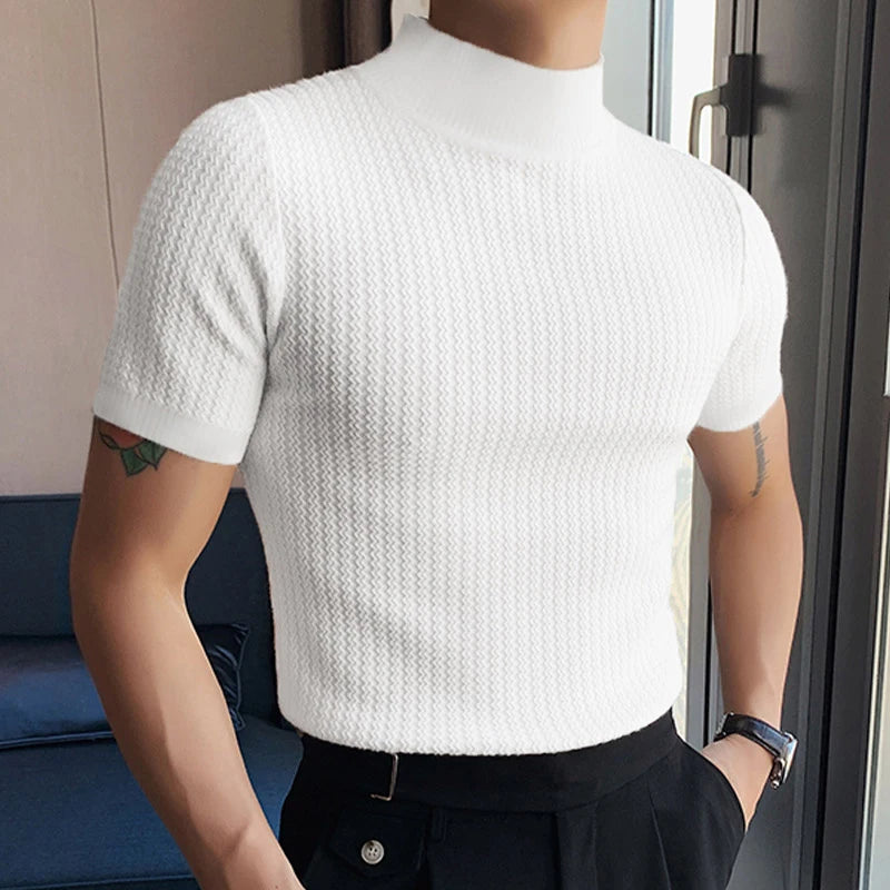 New Fashion Tight T-shirt Casual Streetwear Textured High-neck Solid Color Short-sleeved Bottoming Tees Korean Style Tops