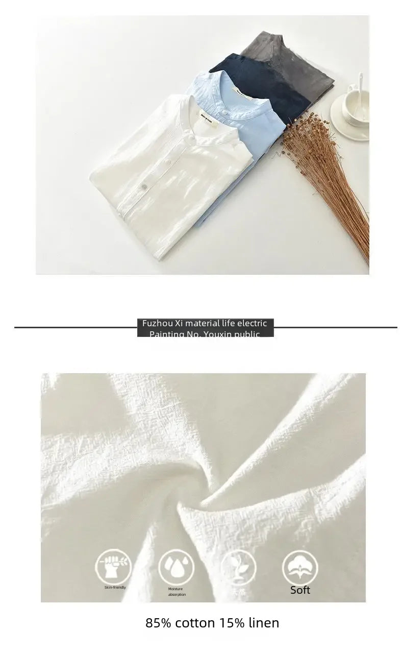 Men's Linen Shirt Short Sleeve Stand Collar Loose-fit Summer Thin Casual White Shirt Fresh Style Men's Casual Short Sleeve