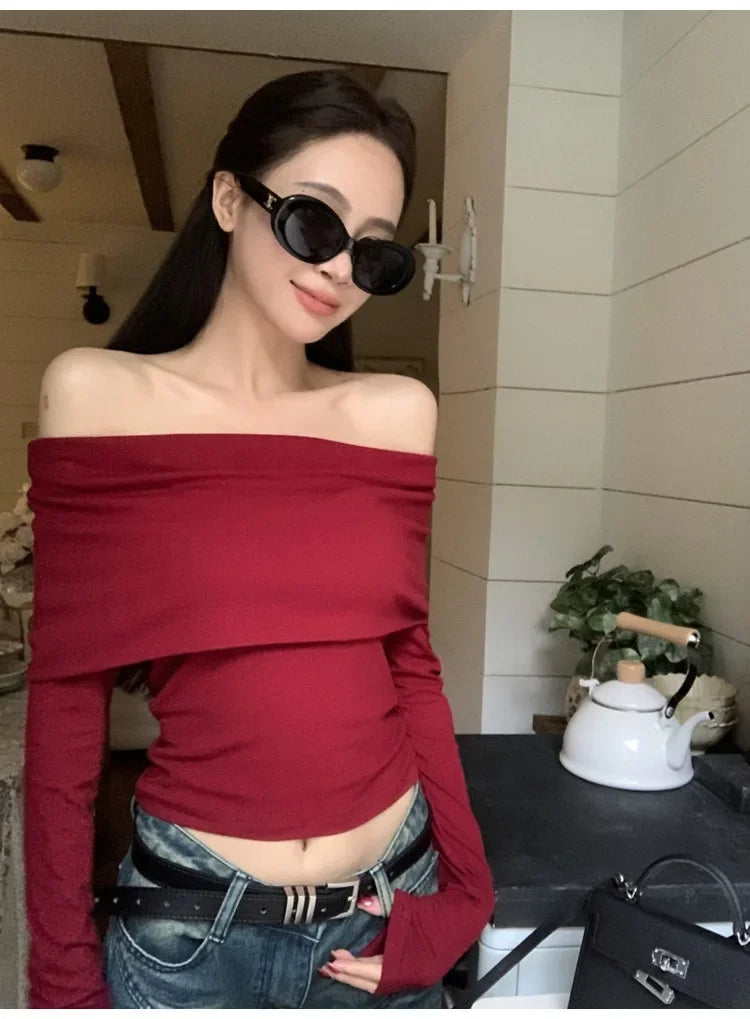 Red Sexy Tops Off Shoulder Long Sleeve T-shirt Women's Solid Elegant Autumn/Winter New Spicy Girl Slim Fit Short Red Crop Top
