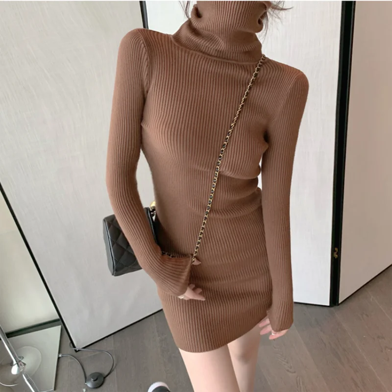Women Turtleneck Warm Bodycon Dress Long Sleeve Knit Solid Office Pullover Sexy Mini Dress for Ladies 2025