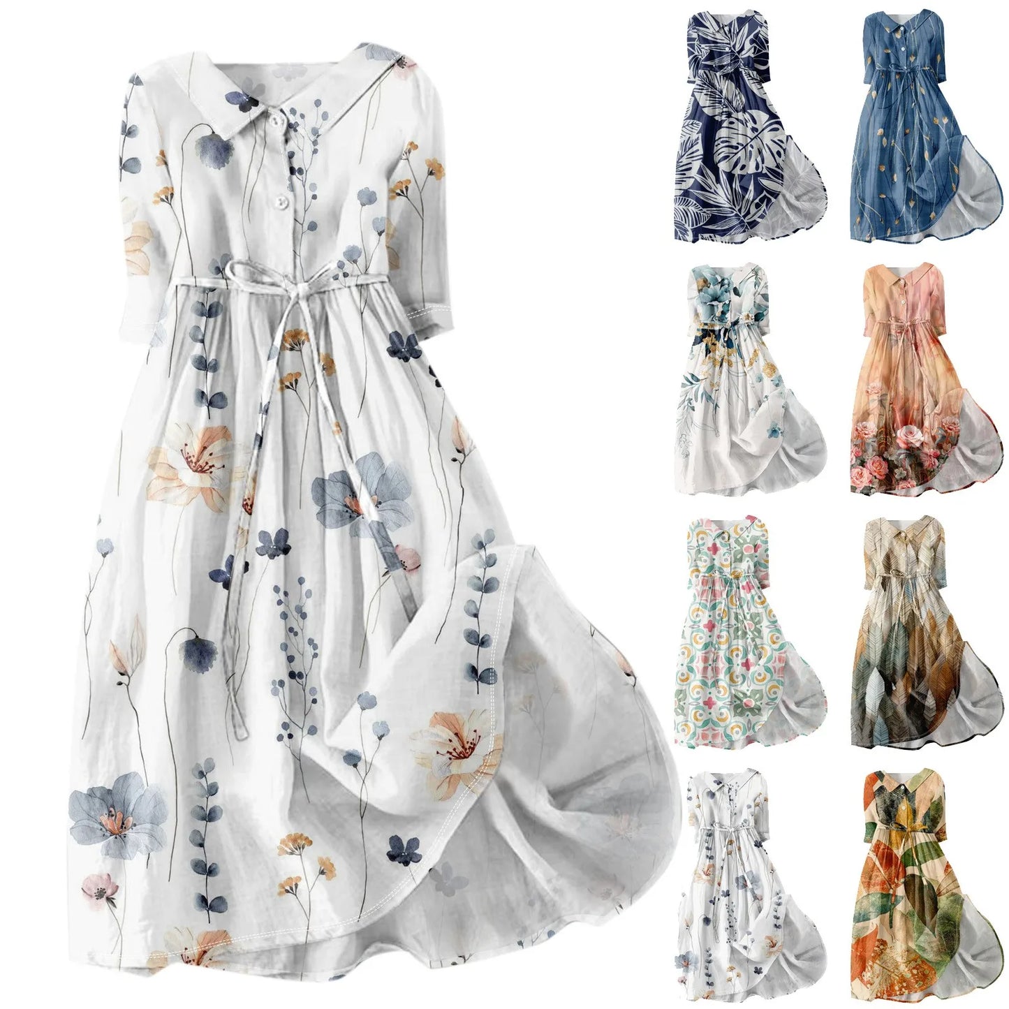 Women'S Fashion Vintage Floral Print Lapel Button Three Quarter Sleeves Strappy Dress Vestidos Verano Moda 2025 Summer Dress