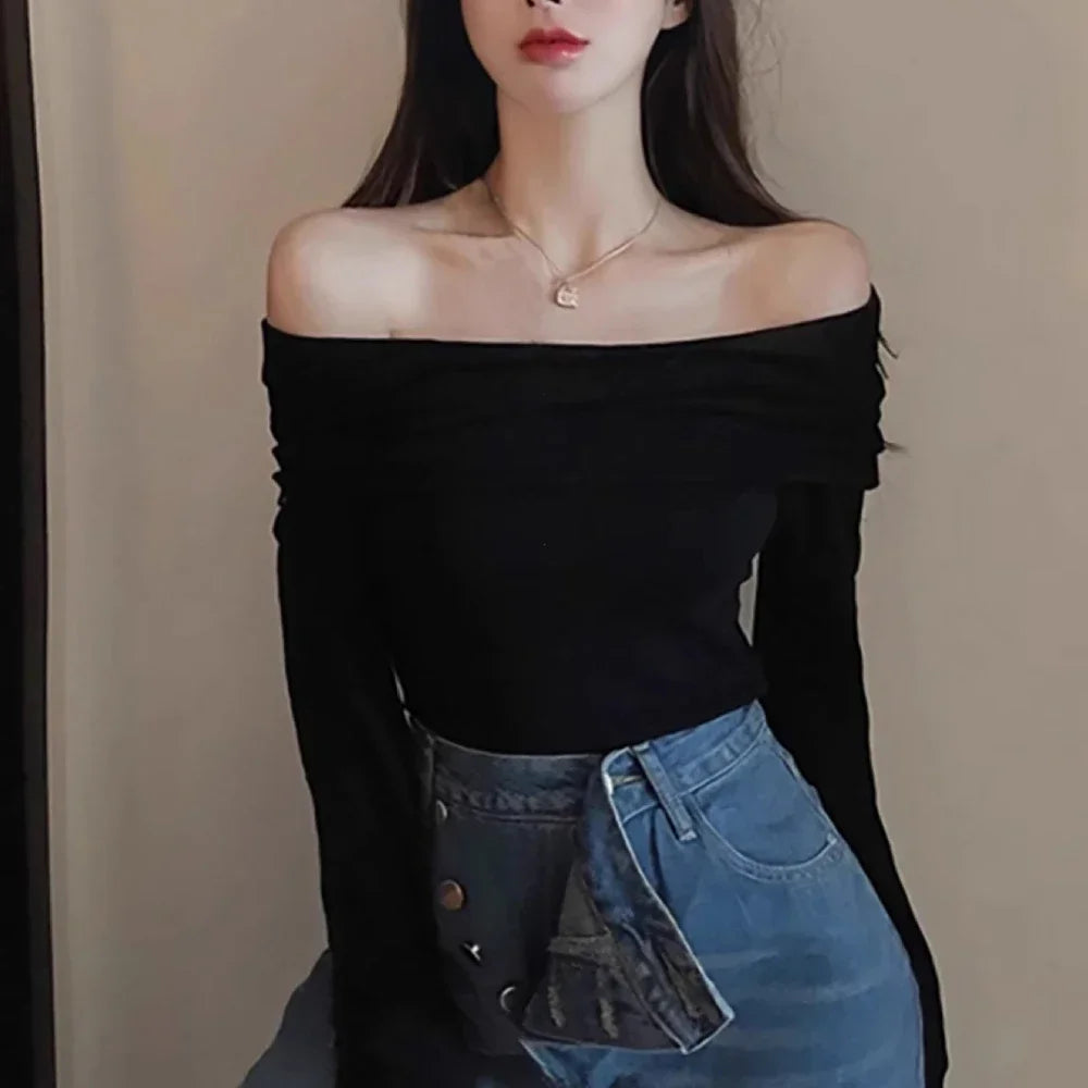 Red Sexy Tops Off Shoulder Long Sleeve T-shirt Women's Solid Elegant Autumn/Winter New Spicy Girl Slim Fit Short Red Crop Top