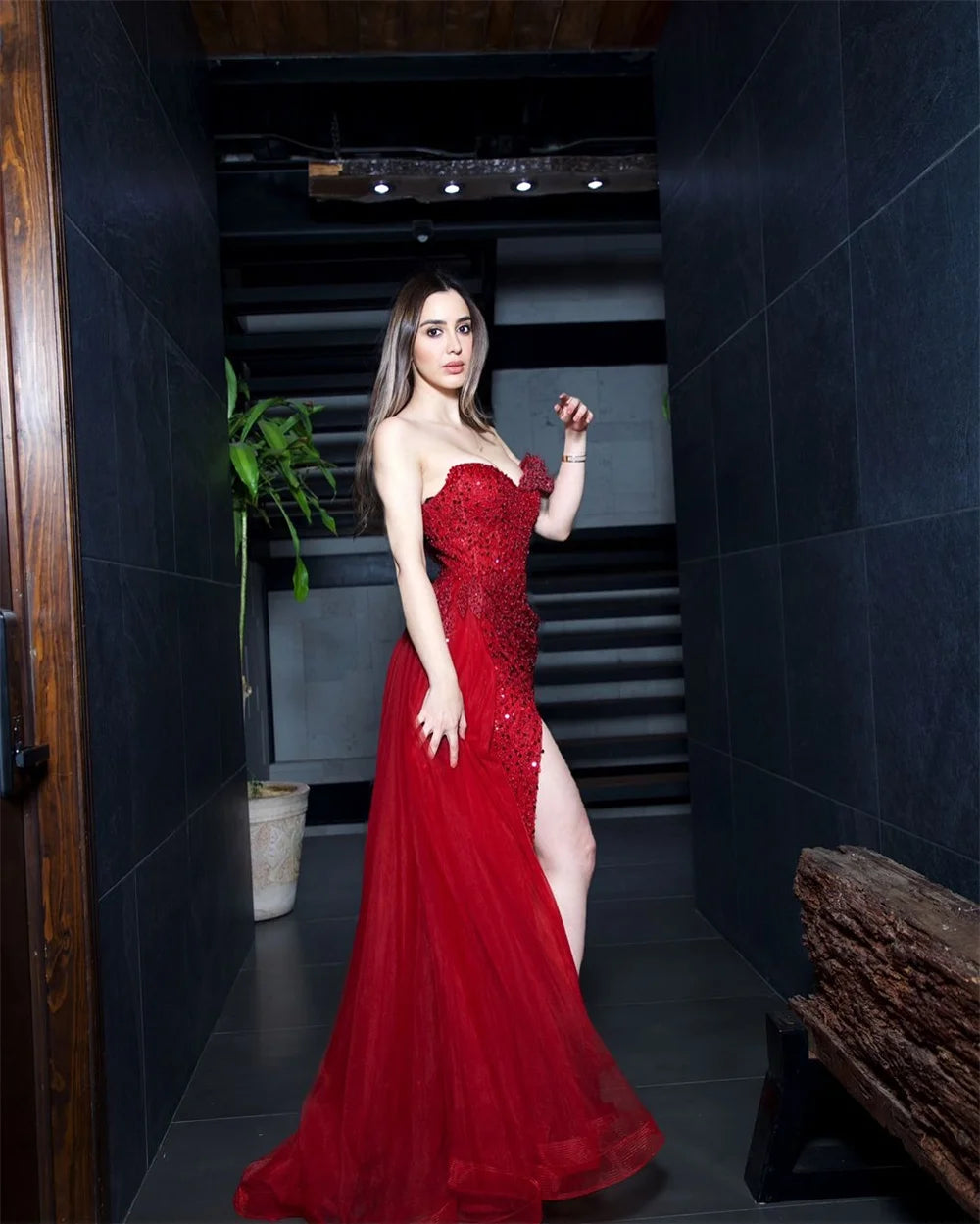Cathy Burgundy One-Shoulder Beaded Leaf Prom Dress Side High Split Mermaid vestidos de noiva Customized Floor-length Graduation