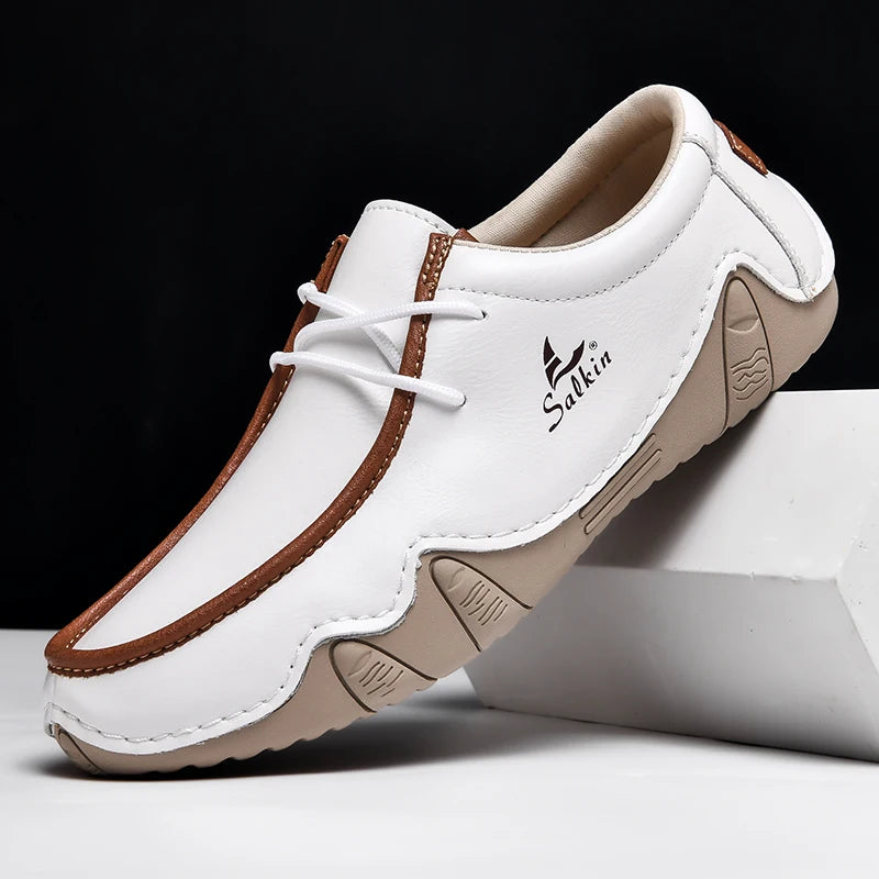 Handmade Leather Casual Men Shoes Design Sneakers Man Loafers Breathable Low Top Flat Shoes Driving Plus Size
