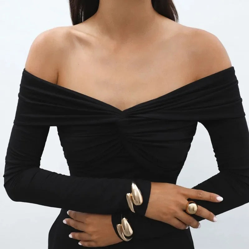 Sexy T-shirt Top Women's Pleated Long Sleeve Inner V-Neck White Slim Twist Cropped Pullover Female Tee