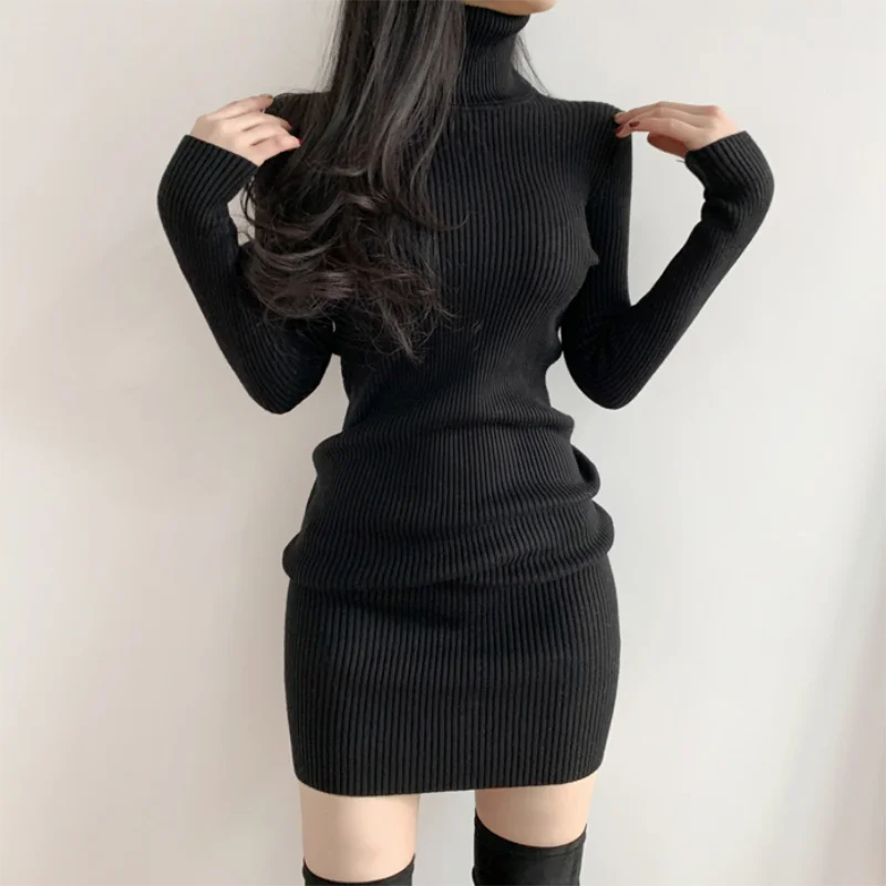 Women Turtleneck Warm Bodycon Dress Long Sleeve Knit Solid Office Pullover Sexy Mini Dress for Ladies 2025