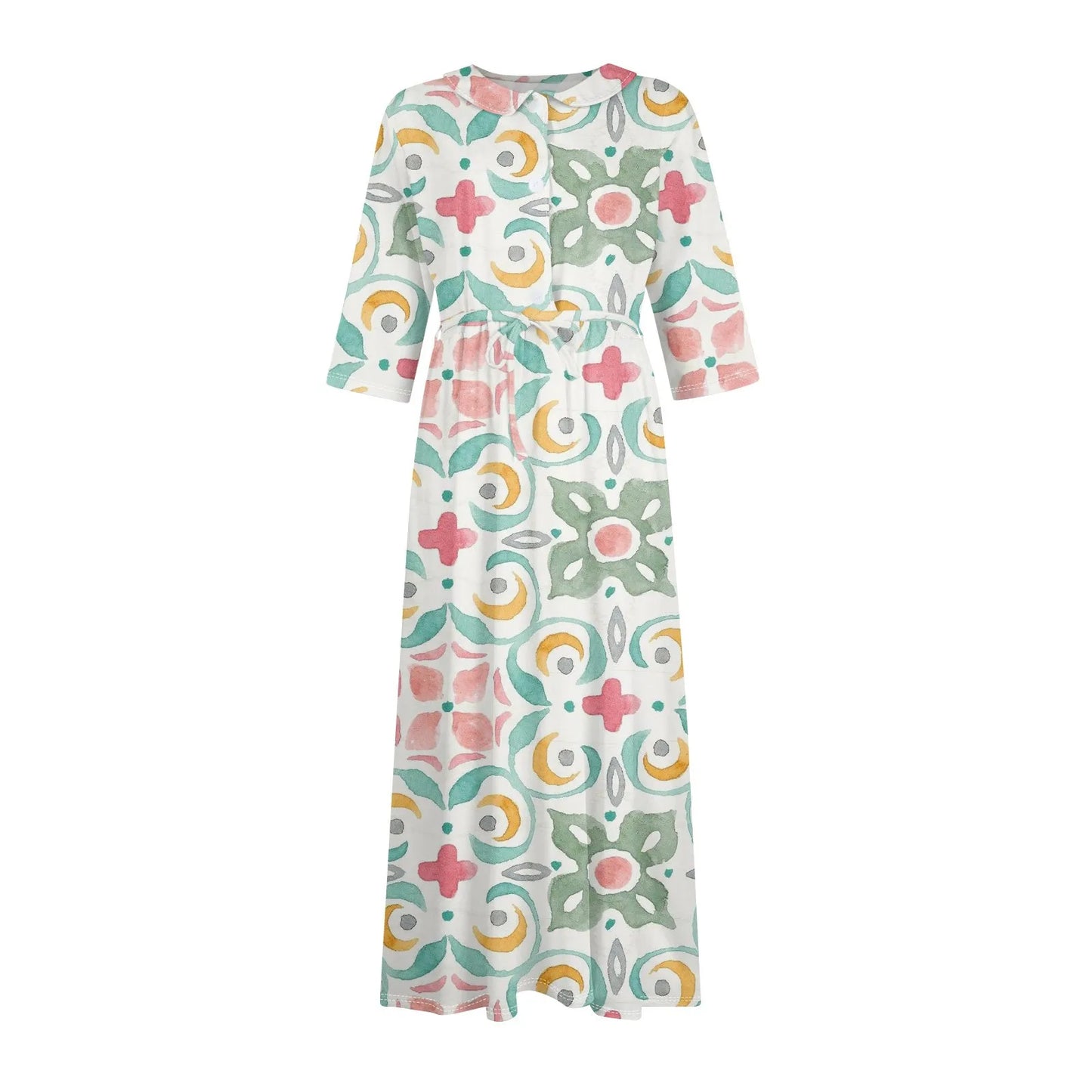 Women'S Fashion Vintage Floral Print Lapel Button Three Quarter Sleeves Strappy Dress Vestidos Verano Moda 2025 Summer Dress