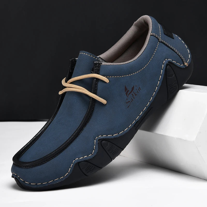 Handmade Leather Casual Men Shoes Design Sneakers Man Loafers Breathable Low Top Flat Shoes Driving Plus Size