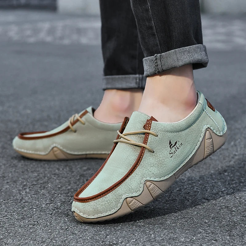 Handmade Leather Casual Men Shoes Design Sneakers Man Loafers Breathable Low Top Flat Shoes Driving Plus Size