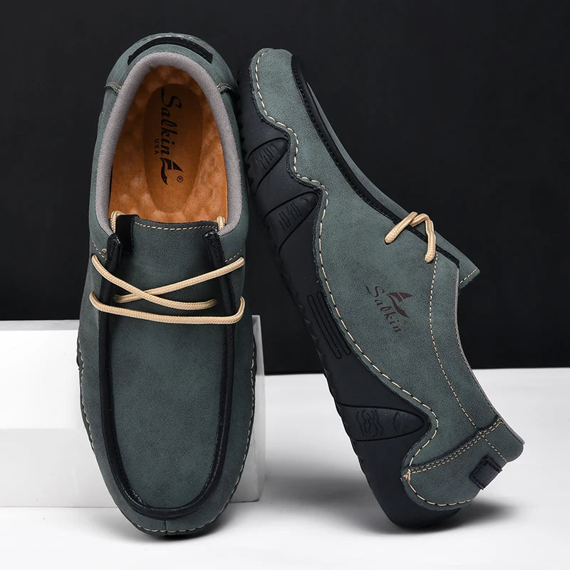 Handmade Leather Casual Men Shoes Design Sneakers Man Loafers Breathable Low Top Flat Shoes Driving Plus Size