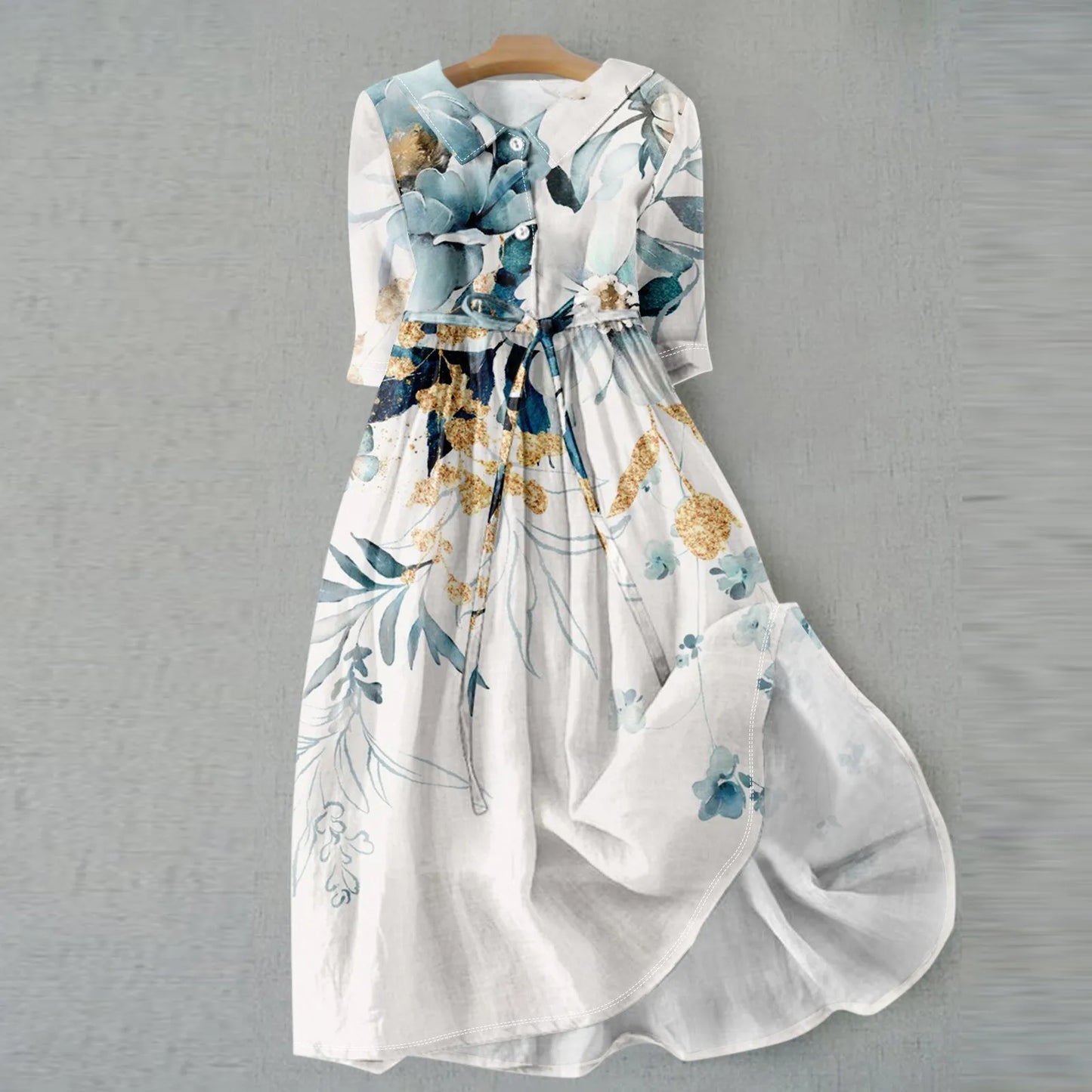 Women'S Fashion Vintage Floral Print Lapel Button Three Quarter Sleeves Strappy Dress Vestidos Verano Moda 2025 Summer Dress
