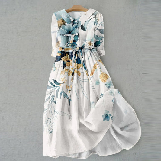 Women'S Fashion Vintage Floral Print Lapel Button Three Quarter Sleeves Strappy Dress Vestidos Verano Moda 2025 Summer Dress