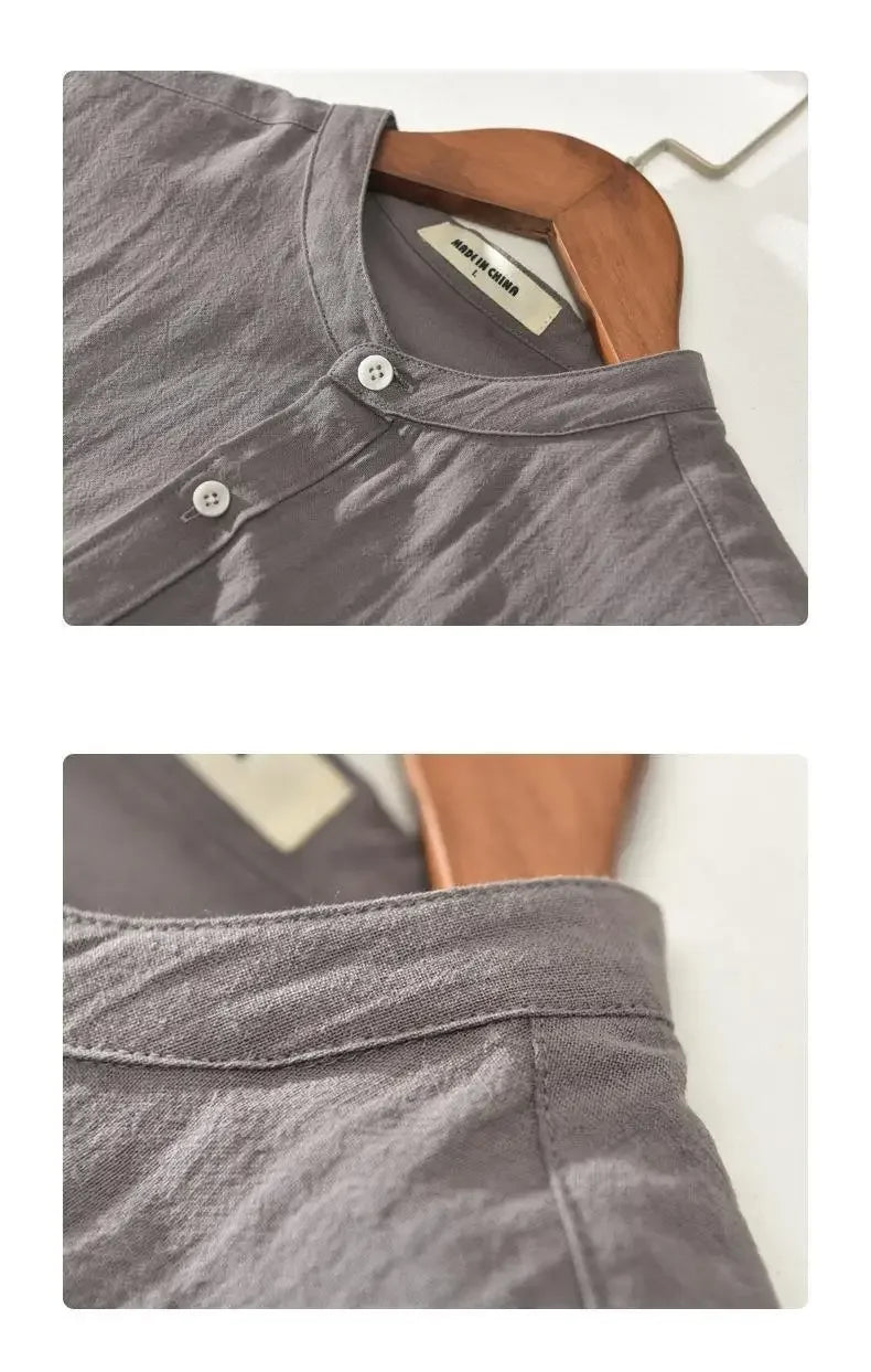Men's Linen Shirt Short Sleeve Stand Collar Loose-fit Summer Thin Casual White Shirt Fresh Style Men's Casual Short Sleeve