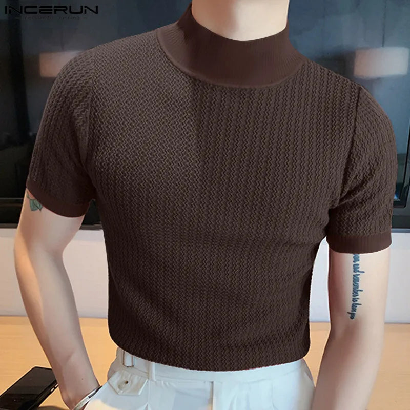 New Fashion Tight T-shirt Casual Streetwear Textured High-neck Solid Color Short-sleeved Bottoming Tees Korean Style Tops