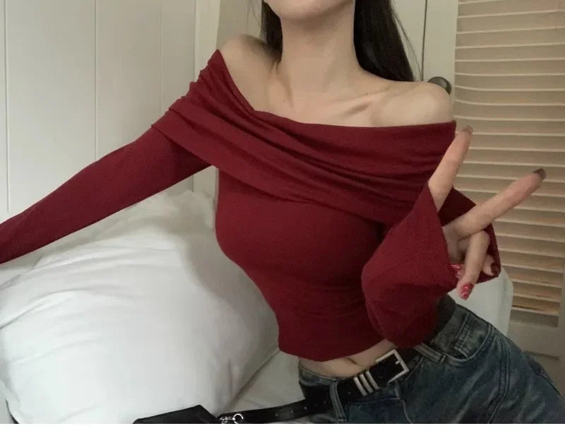 Red Sexy Tops Off Shoulder Long Sleeve T-shirt Women's Solid Elegant Autumn/Winter New Spicy Girl Slim Fit Short Red Crop Top