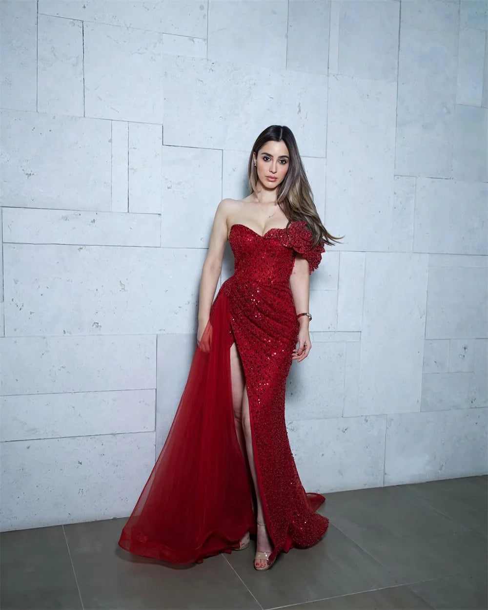 Cathy Burgundy One-Shoulder Beaded Leaf Prom Dress Side High Split Mermaid vestidos de noiva Customized Floor-length Graduation