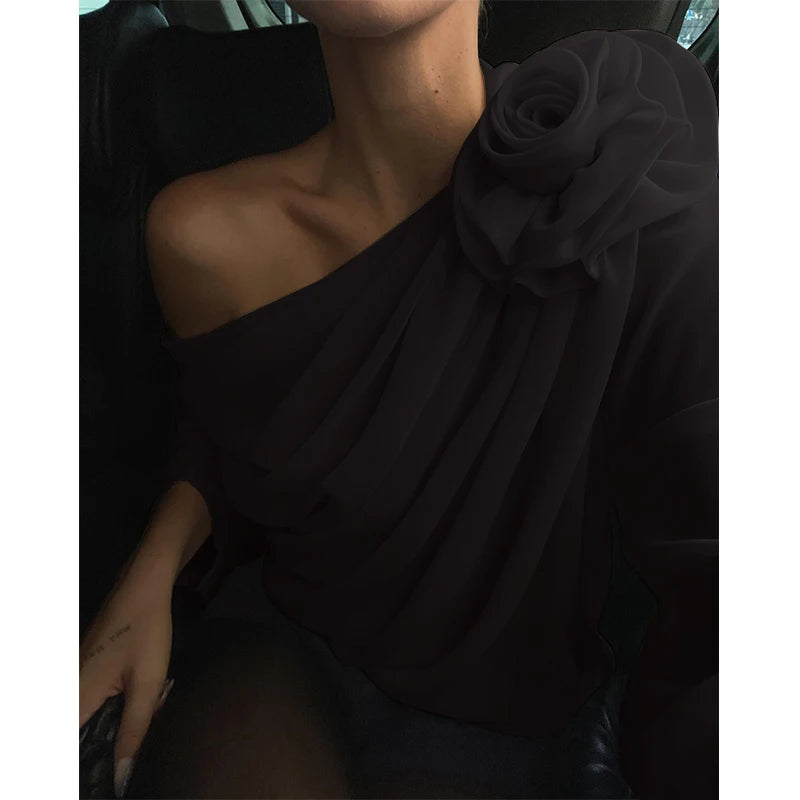 Sexy Irregular Oblique-neck Flower Applique T Shirt Summer Off Shoulder Fashion Long Sleeve Crop Tops Street Mesh Tees
