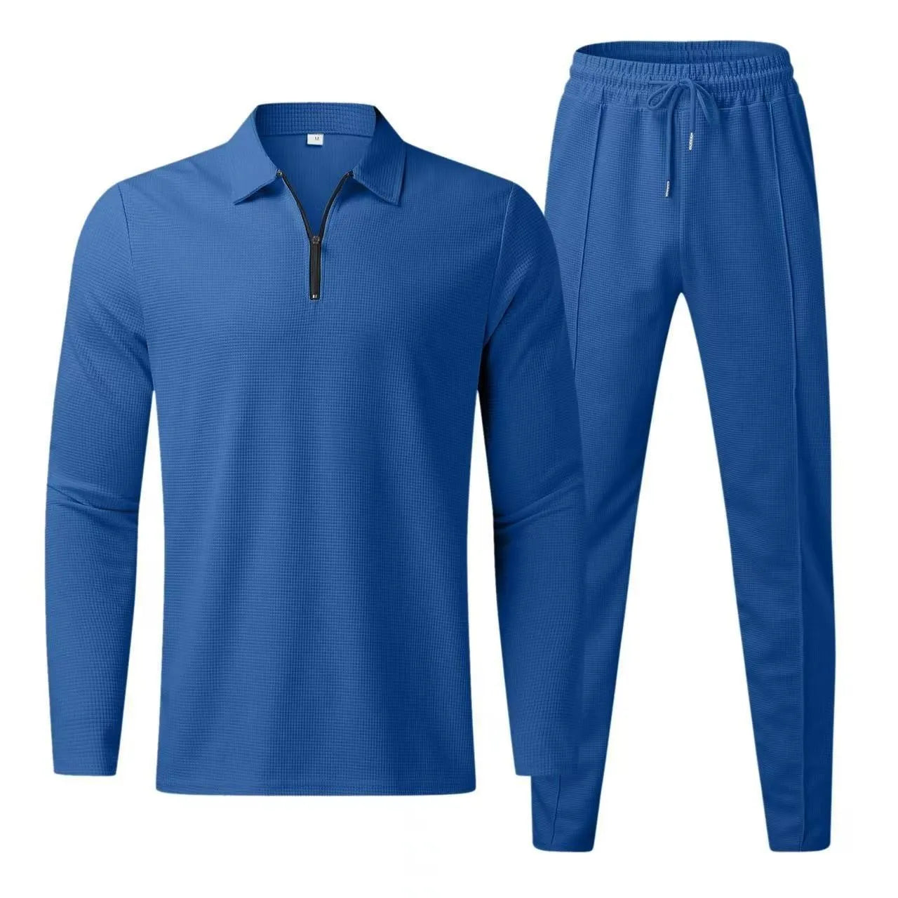 New Waffle men's casual long sleeve Polo shirt + sweatpants suit set Solid men's lapel collar sweatshirt set 2PCS men's clothing