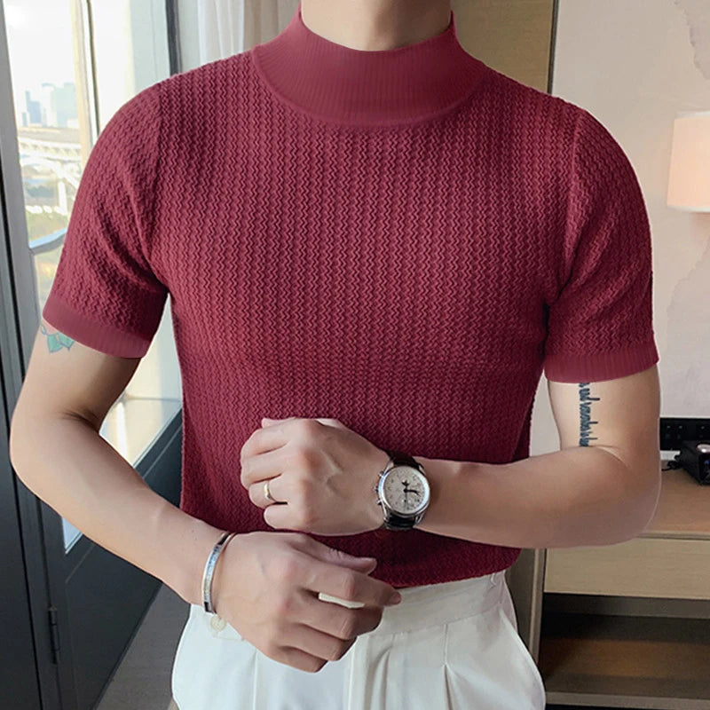 New Fashion Tight T-shirt Casual Streetwear Textured High-neck Solid Color Short-sleeved Bottoming Tees Korean Style Tops