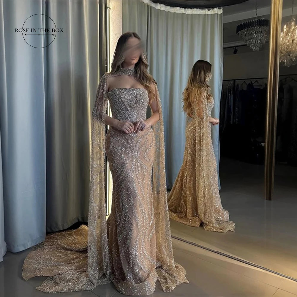 Luxury Dubai Nude Strapless Mermaid Evening Dresses Detachable Cape Beaded Elegant Arabia Gowns For Formal Occasion Customized
