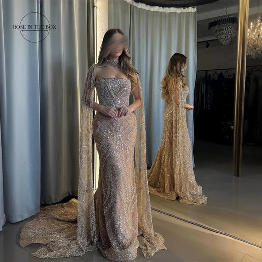 Luxury Dubai Nude Strapless Mermaid Evening Dresses Detachable Cape Beaded Elegant Arabia Gowns For Formal Occasion Customized