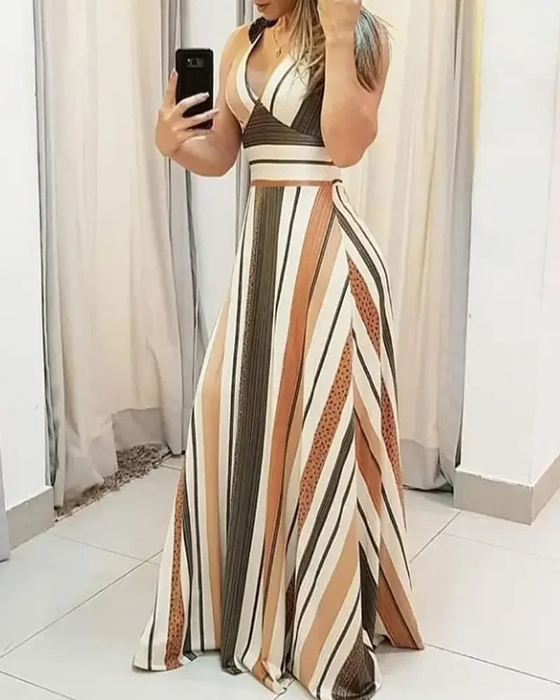Women Fashion Dress 2024 Spring/summer Latest European American Leisure Commuter Sleeveles Stripe Printed Color Block Long Dress