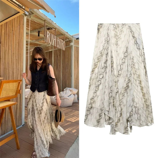 Women's Dresses Spring 2025 New Wide Hem Printed Skirt Irregular Design Personality Fashion Elegant and Versatile Beach Vacation