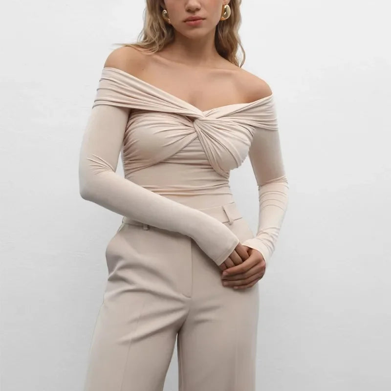 Sexy T-shirt Top Women's Pleated Long Sleeve Inner V-Neck White Slim Twist Cropped Pullover Female Tee