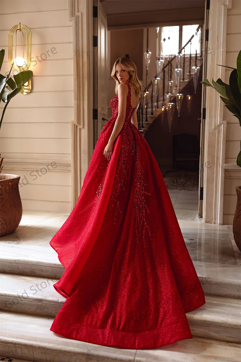 New Red Prom Dresses for Women A Line Square Collar Sequin Vestidos de Fiesta Backless Beading Formal Prom Gowns Customized
