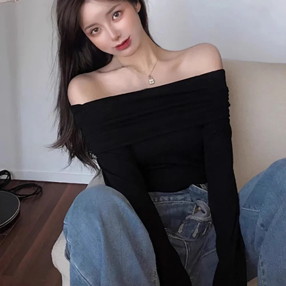 Red Sexy Tops Off Shoulder Long Sleeve T-shirt Women's Solid Elegant Autumn/Winter New Spicy Girl Slim Fit Short Red Crop Top