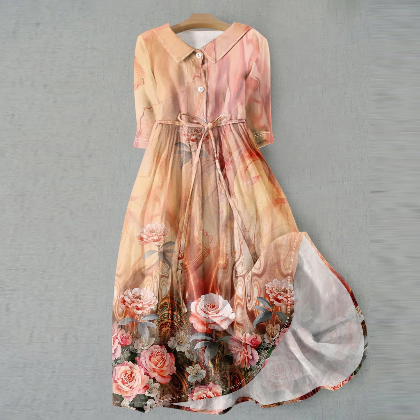 Women'S Fashion Vintage Floral Print Lapel Button Three Quarter Sleeves Strappy Dress Vestidos Verano Moda 2025 Summer Dress