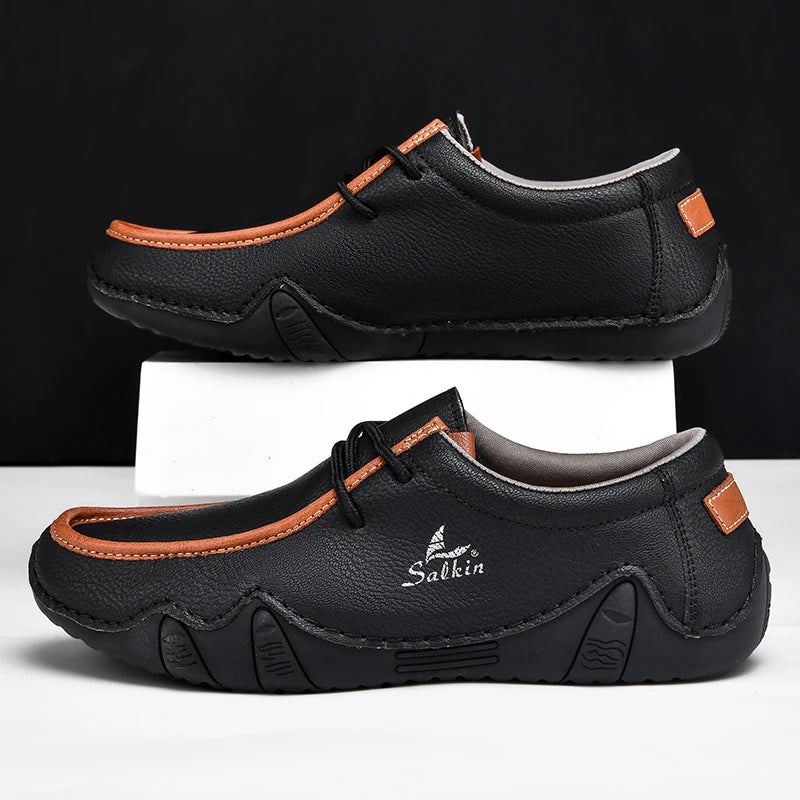 Handmade Leather Casual Men Shoes Design Sneakers Man Loafers Breathable Low Top Flat Shoes Driving Plus Size